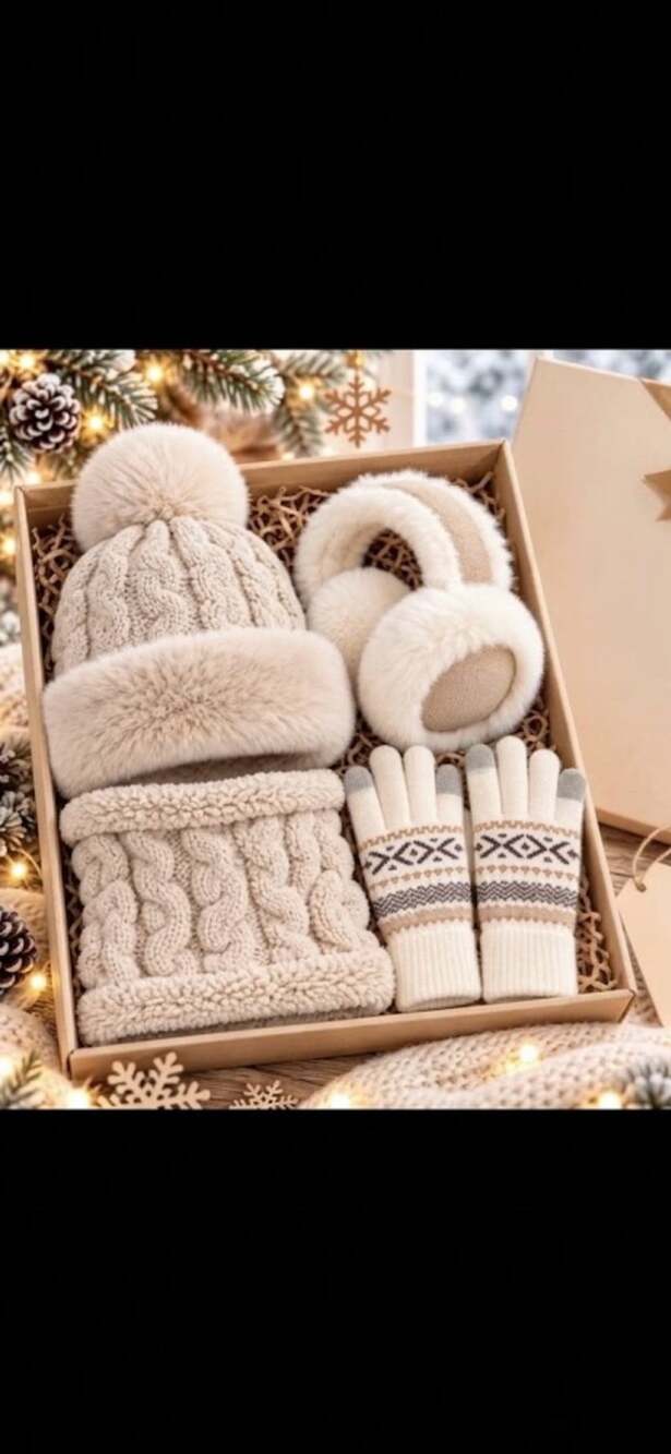Women's 3-Piece Winter Hat Gloves Scarf Set Beige